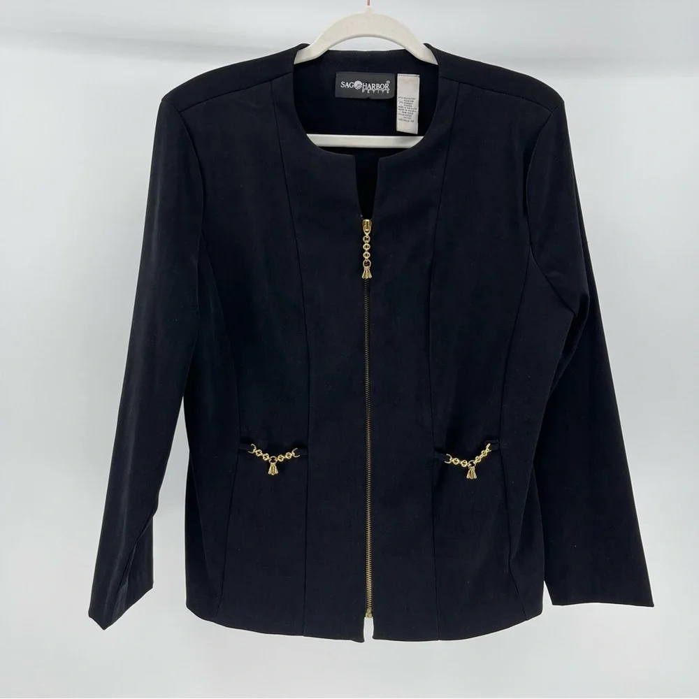 Vintage 90s Sag Harbor Black Zip Front Blazer with Gold Accents, Women's 10P